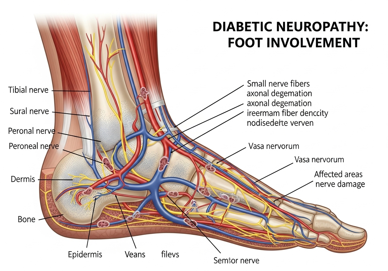Medical illustration showing how diabetes damages peripheral nerves in the foot and leg