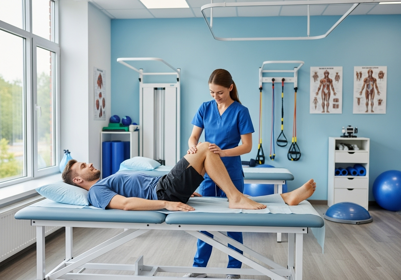 Medical professional examining a patient's knee during a treatment session for knee pain